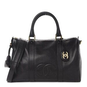 Authentic CHANEL Caviar Leather Large Bowler Bag Travel Bag Duffle Black CC Tote